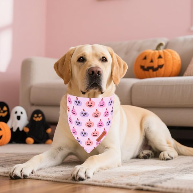 ADOGGYGO Pink Halloween Dog Bandanas 2 Pack, Reversible Ghost Pumpkin Scarf Bib - Image 3