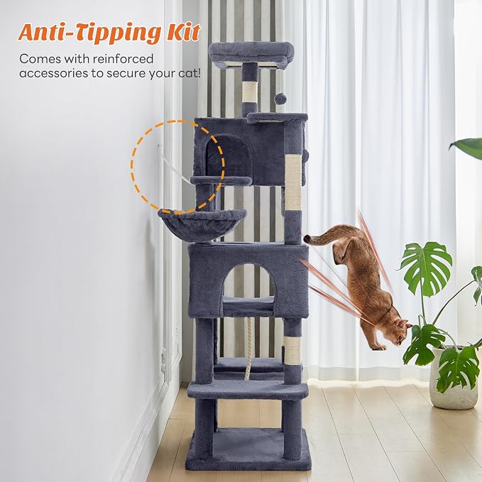 Large Cat Tree 66 Inch, Sisal Scratching Posts and Hammock, Pet Play House - Image 6