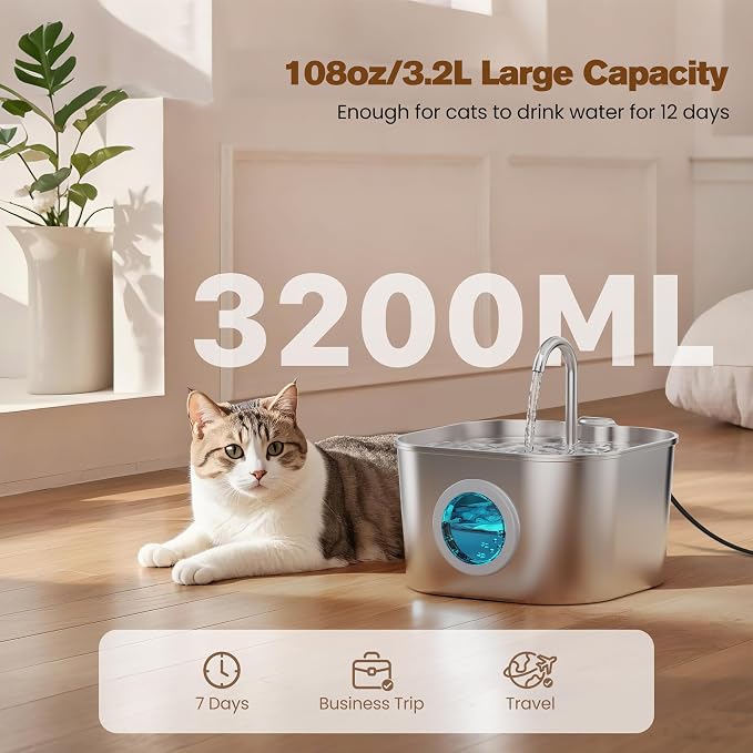 Stainless Steel Cat Water Fountain: 108oz/3.2L Pet Water Fountains Cat Watering - Image 5