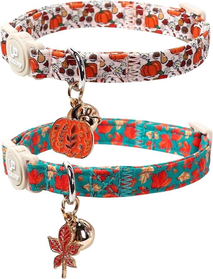 Fall Cat Collar-2Pack Autumn Kitten Collars-Halloween Breakaway Pumpkin Kitty by UPURARAPUP