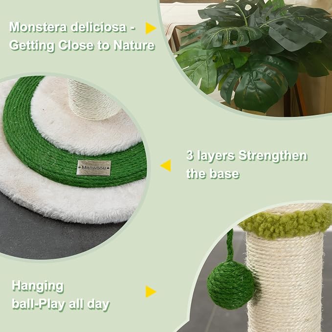 Meowoou Cat Scratching Post for Space-Saving, 35” Tall Modern Monstera 3 Layer - Image 5
