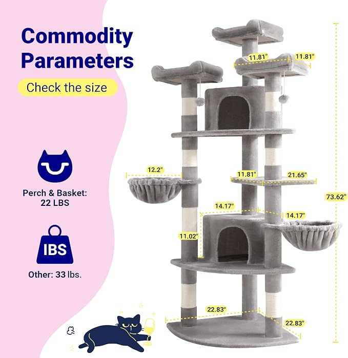 Allewie 73in Fan-Shaped Space-Saving Corner Cat Tower/Multi-Level Tall Cat Tree - Image 7