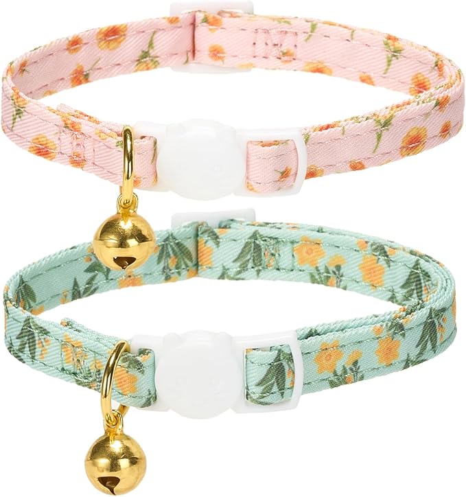 2 Pack Cat Collars, Removable Bowtie, Floral Pattern, Safety Breakaway Clasp - Image 2