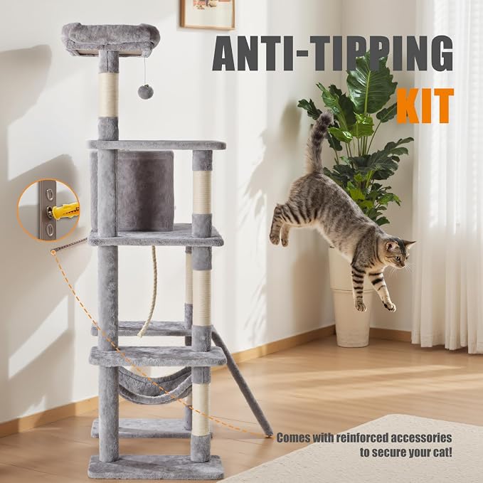 DUMOS Large 63in Cat Tree Tower, Natural Sisal Scratching Posts, Extended - Image 6