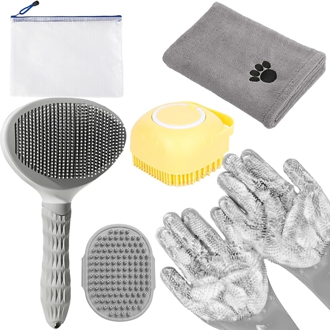 6-in-1 Grey Pet Grooming Kit: Hair Brush, Washing Gloves, Slicker Brush by KUEIOX