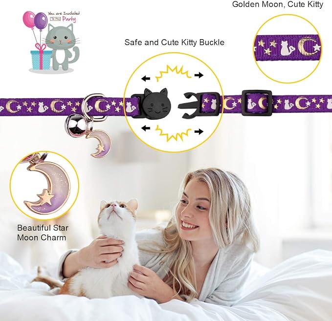 4PCS Cat Collar with Bells, Breakaway Cat Collars, Moons Stars Cute Kitty - Image 3