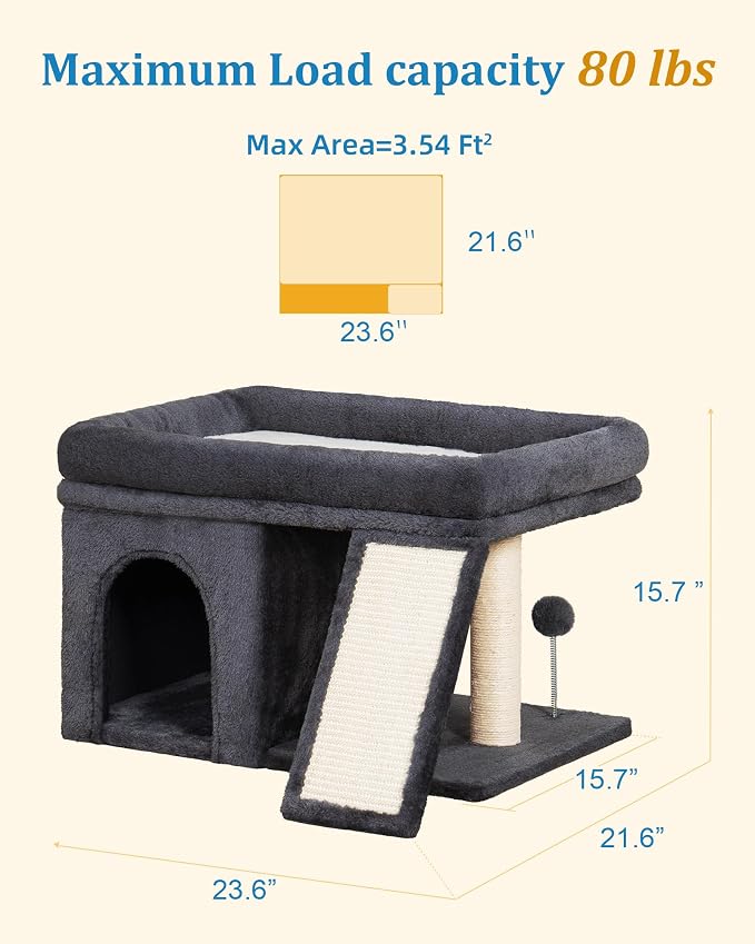 XL Cat Tree Tower for Large Adult Cats 20 lbs+, 25in Perch Bed, Condo Cave for - Image 7