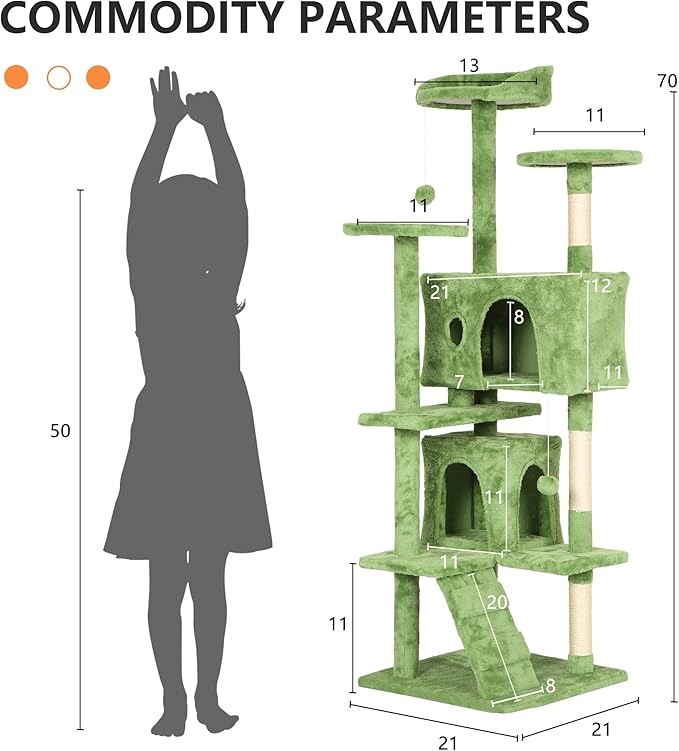 BestPet | 70" Cat Tree Tower | Green | Sturdy, Hanging Cat Toys, Observation - Image 7