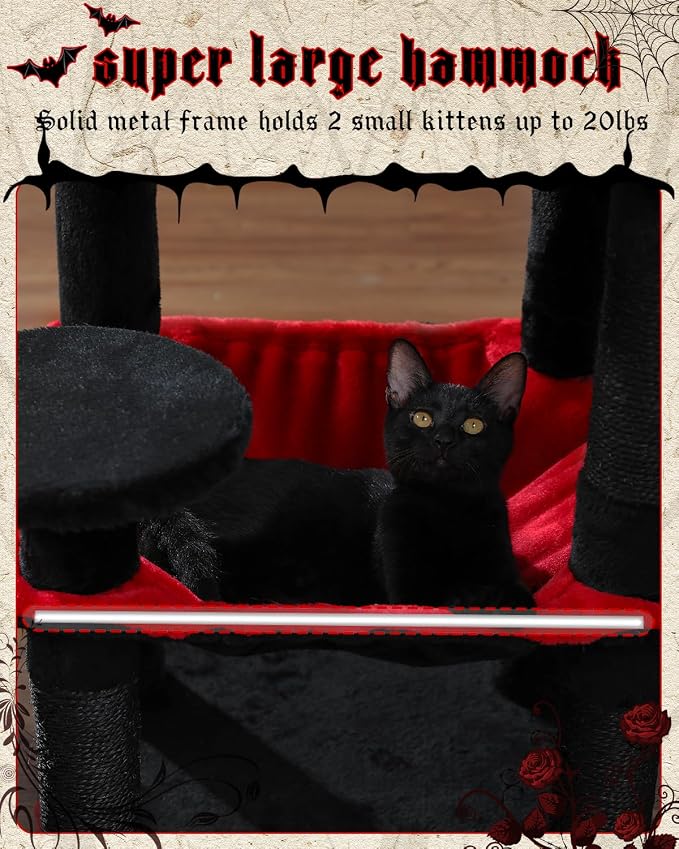 Gothic Cat Tree with Super Large Hammock, 45.7" Black Cat Tower with Coffin Bed - Image 3