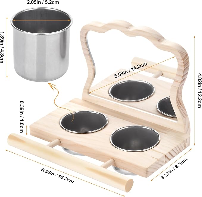 Feeder with Acrylic Mirror & Stainless Steel Bowls, Natural Wood Perch - Image 6