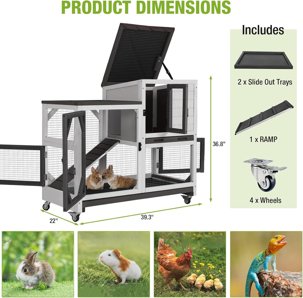 Gutinneen 39.3" Rabbit Hutch with Wheels, Black and White - GlobalHabitat Supply