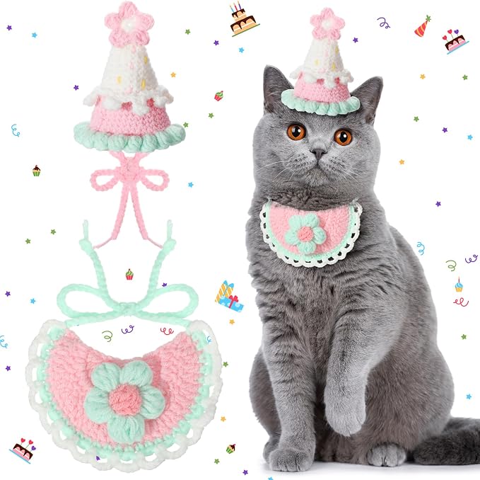 Sanwuta 2 Pcs Cat Birthday Party Supplies, Knit Cat Hat Kitten Birthday Bib by Sanwuta