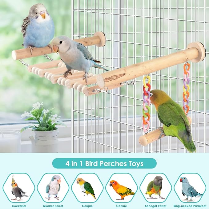 Bird Perches Ladder with Swing, Natural Wood Parrot Climbing Bridge Perch Toys - Image 3