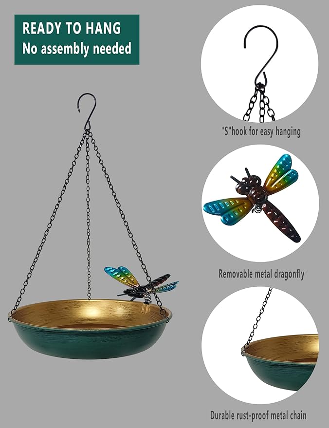 Hanging Birdbath Bird Feeder for Outdoor 11 Inch Green/Bronze Cute Metal Bird - Image 5