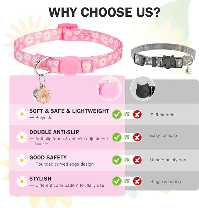 Cat Collars for Girl Cats, 3 Pack Spring Flower Cat Collars Breakaway - Image 7
