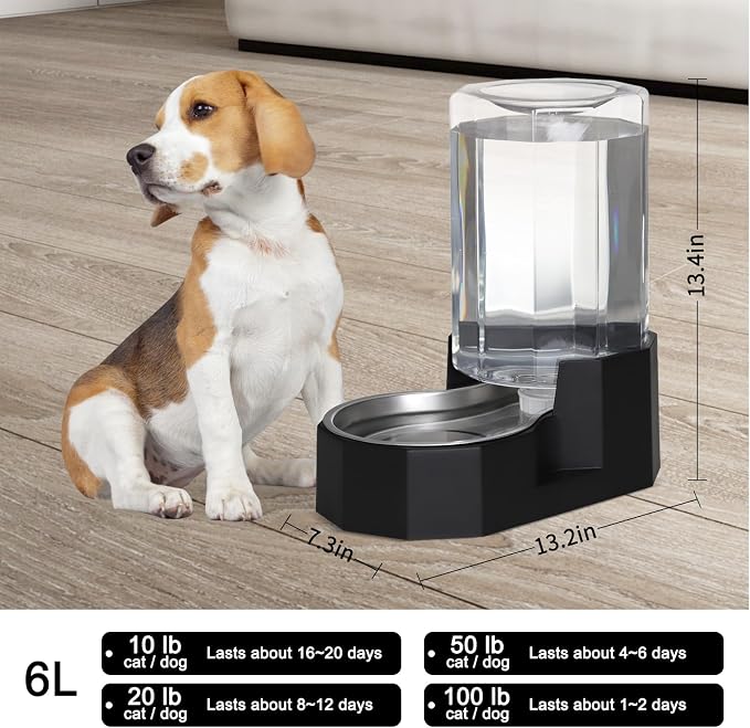 Sfozstra Dog Water Bowl Dispenser: 6L Large Black Gravity Stainless Steel Bowl - Image 2