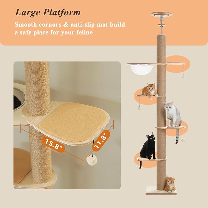 PETEPELA Floor to Ceiling Cat Tree, Adjustable Height Solid Wooden Tall Cat - Image 7