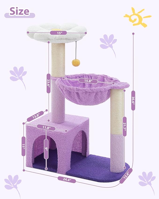 Purple Flower Cat Tree for Small Indoor Cats w/Large Metal Frame Hammock - Image 7