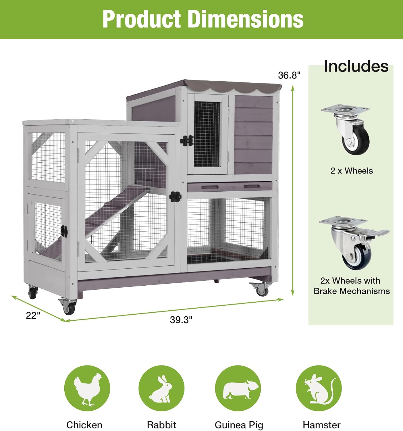 GUTINNEEN 2-Story Rabbit Cage with 4 Swivel Casters, Grey - GlobalHabitat Supply