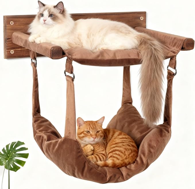 JSPYFITS Wooden Cat Wall Hammock, 18.9 x 12.6 Inch Double Layer Cat Furniture by JSPYFITS