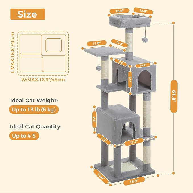 Cat Tree for Indoor Cats, 62-Inch Multi-Level Cat Tower - Image 7