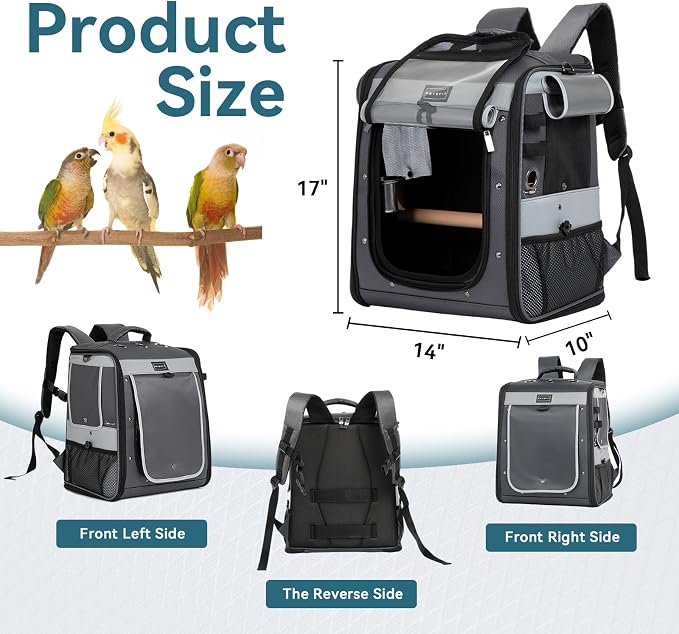 Bird Carrier with Shade Cover, Adjustable Height Standing Perch, 2 Feeder Bowls - Image 5