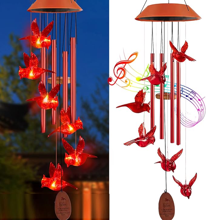 Solar Cardinal Wind Chimes Outdoor Solar Lights Cardinal Red Bird Windchimes - Image 2