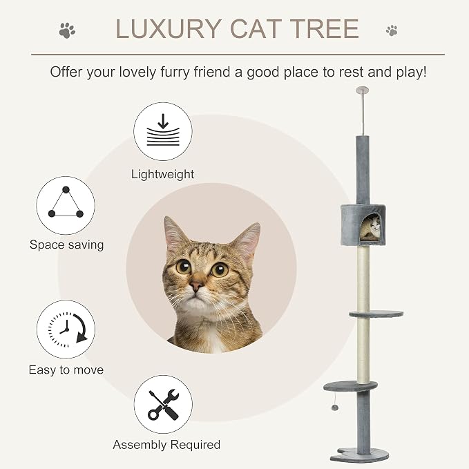 PawHut 85.5" Cat Tree Height Adjustable Floor-to-Ceiling 4-Tier Kitty Climbing - Image 3