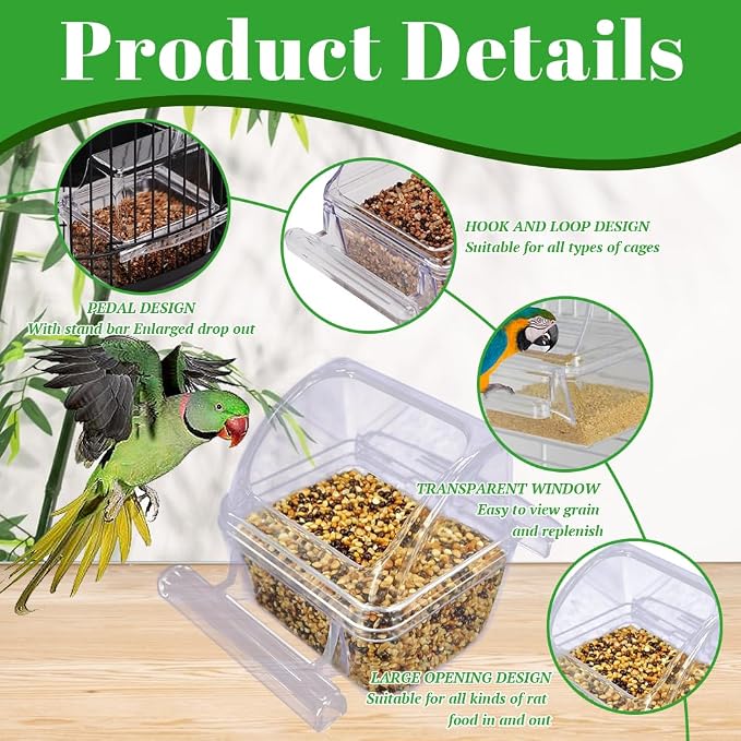 4 Pack Bird Feeders for Cage, No Mess Clear Hanging Parrot Food Bowl, Plastic - Image 3