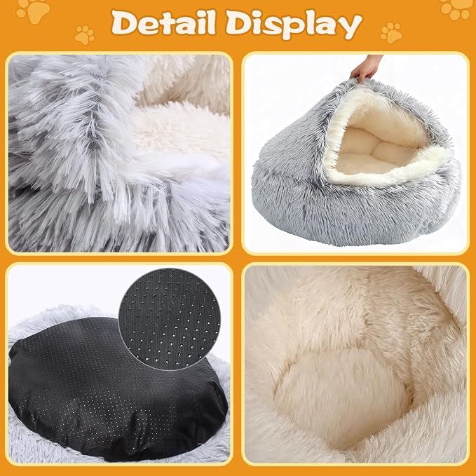 ShinHye Round Plush Fluffy Hooded Cat Bed Cave, Cozy - Image 4