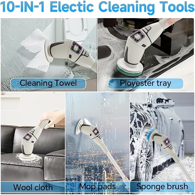 10-in-1 Electric Spin Scrubber for Cleaning, Voice Broadcast Rechargeable Power - Image 7