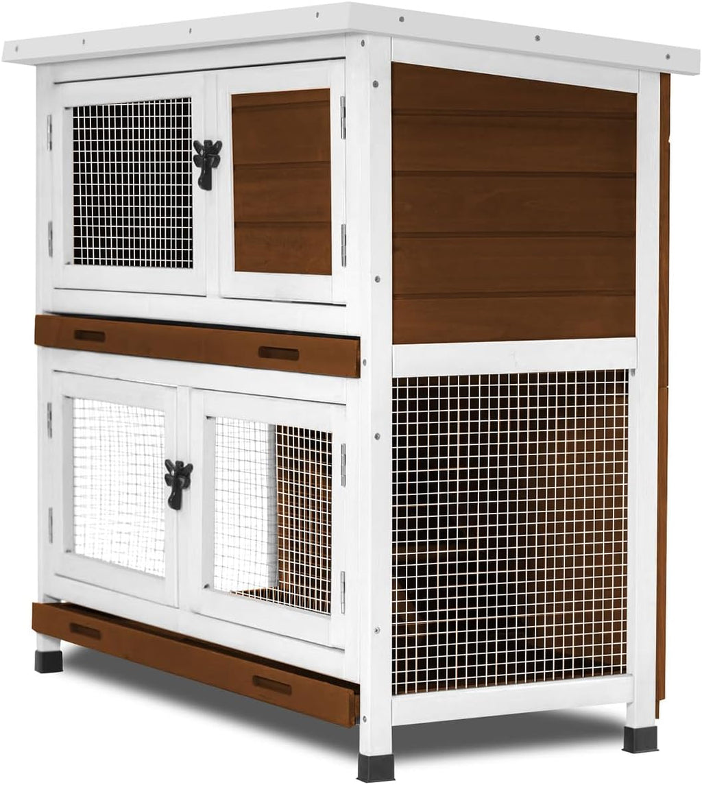 2-Story Solid Wood Rabbit Hutch with Removable Trays, Walnut - GlobalHabitat Supply