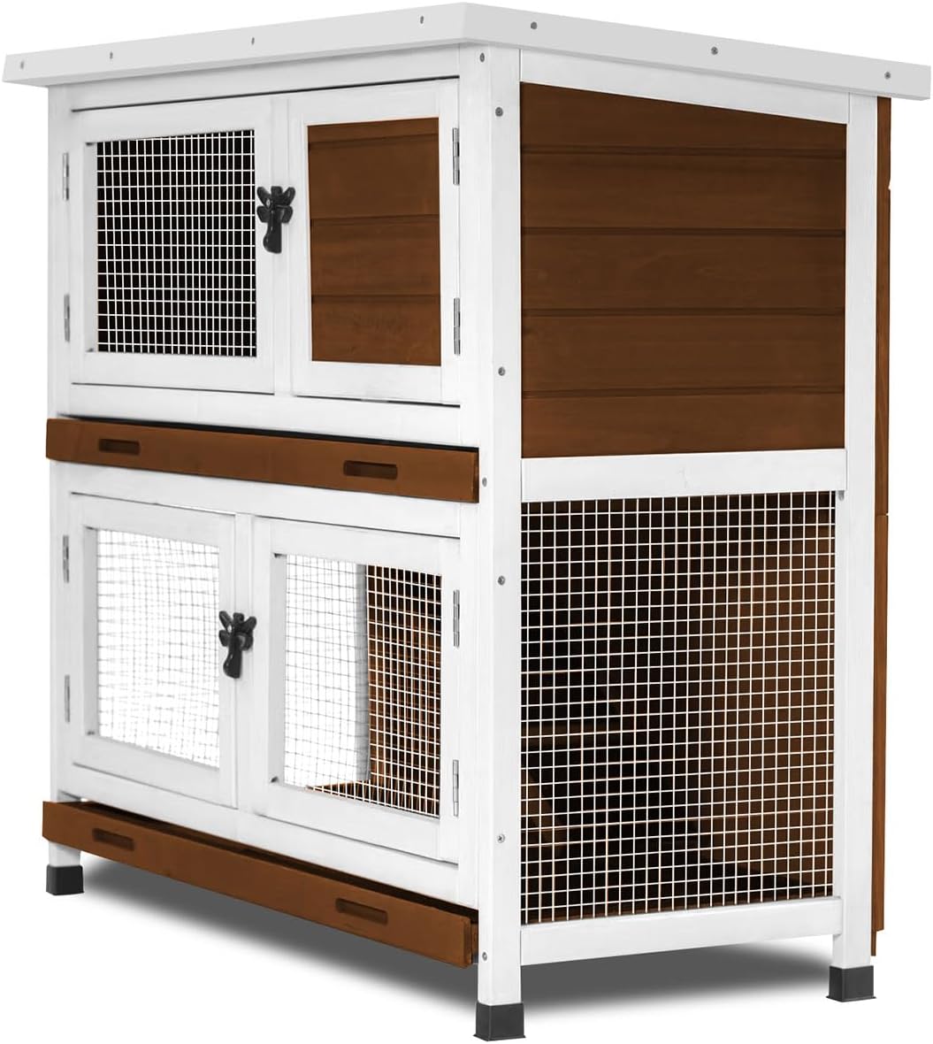 2-Story Solid Wood Rabbit Hutch with Removable Trays, Walnut - GlobalHabitat Supply