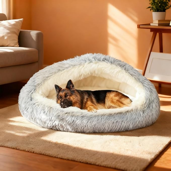 ShinHye Round Plush Fluffy Hooded Cat Bed Cave, Cozy - Image 5