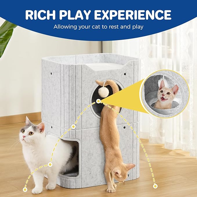 Cat House for Indoor Cats, 2-Storey Cat Bed Cave, Felt Cat Hideaway Condo - Image 8