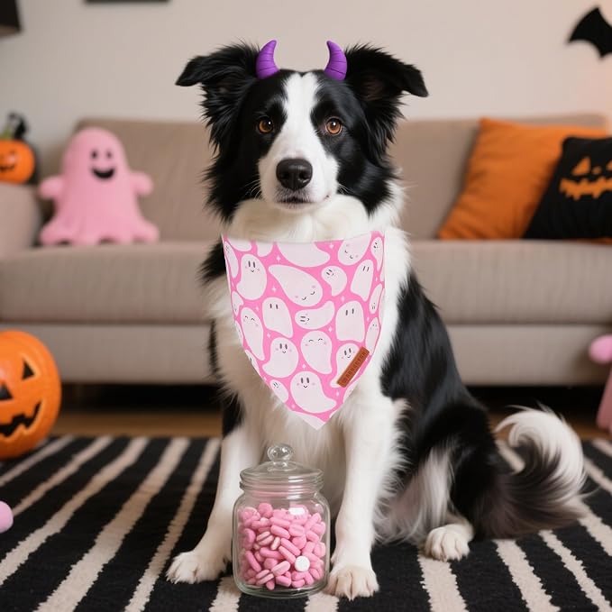 ADOGGYGO Pink Halloween Dog Bandanas 2 Pack, Reversible Ghost Pumpkin Scarf Bib - Image 2
