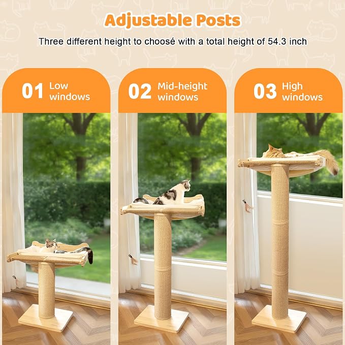 54.3" Cat Window Perch with 3 Adjustable Roman Column Sisal Posts, Drill-Free - Image 8