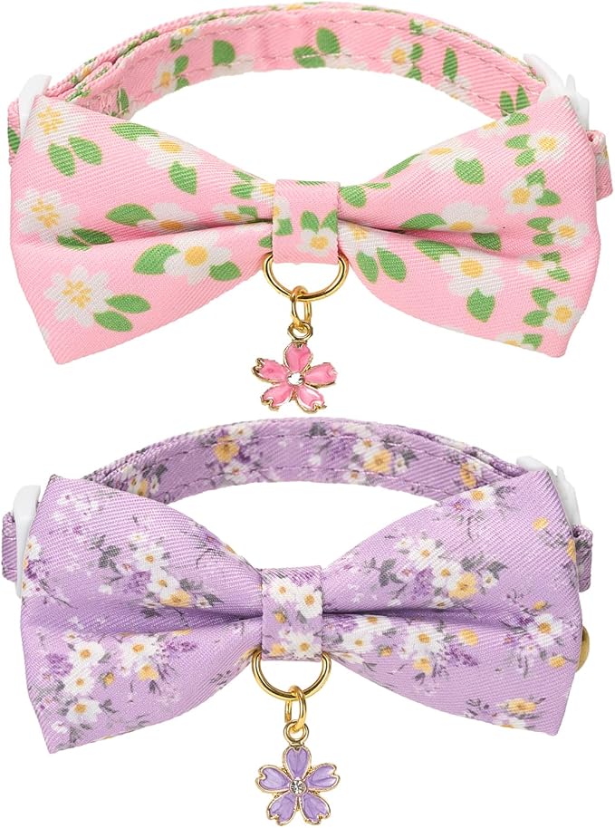 2 Pack Cat Collars, Removable Bowtie, Floral Pattern, Safety Breakaway Clasp by Petiry