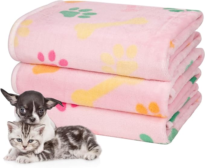Dono 1 Pack 3 Dog Blankets for Small Dogs, Soft Fluffy Paw Print Pattern Fleece by Dono