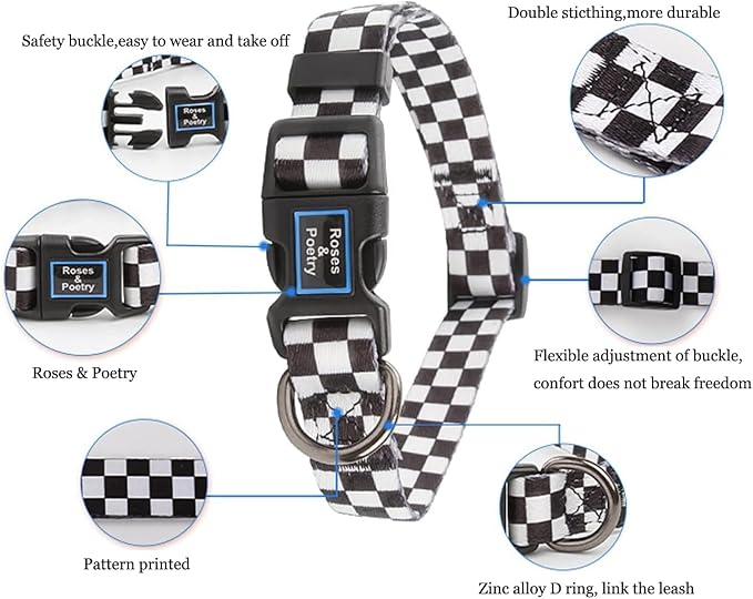 Roses&Poetry Dog Collar with Colourful Checkered Patterns, Adjustable Durable - Image 2