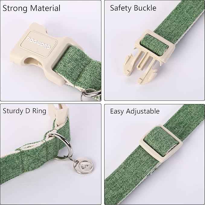 DOGWONG Cotton Hemp Dog Collar, Heavy-Duty Green Dog Collar Adjustable Soft