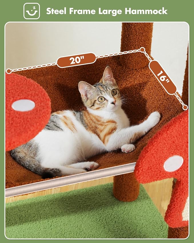 Mushroom Cat Tree Tower with Removable Scratcher, Large Hammock, 3 Sisal Posts - Image 3