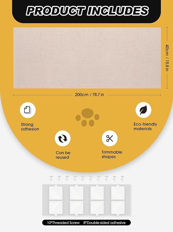 78.7"x15.8" Cat Scratch Mat, Trimmable Self-Adhesive Carpet, DIY Climb Cat - Image 7
