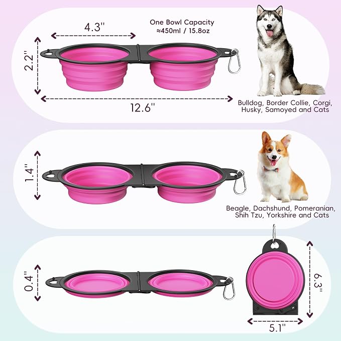Pawaboo 2-in-1 Collapsible Dog Bowls, Dual Puppy Food and Water Bowls, 180° - Image 2