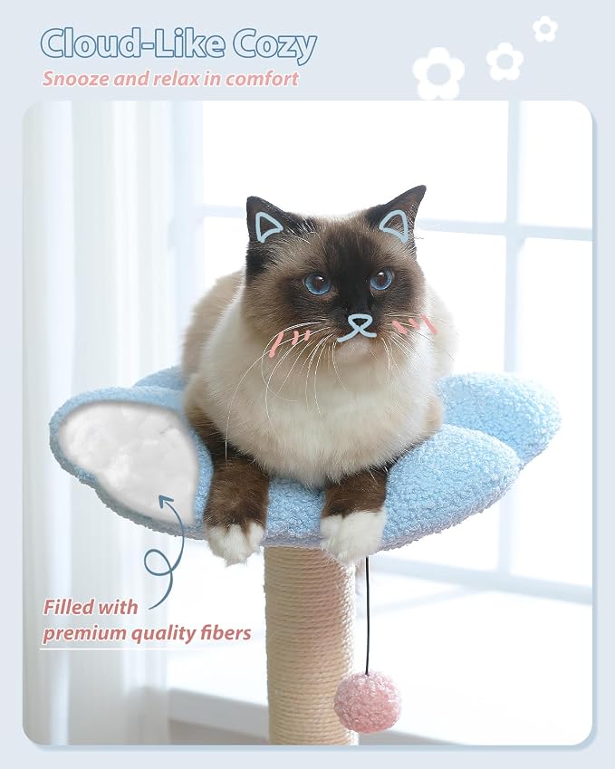 Flower Cat Tree with Large Metal Frame Hammock, Cat Condo with Blue Top Perch - Image 5
