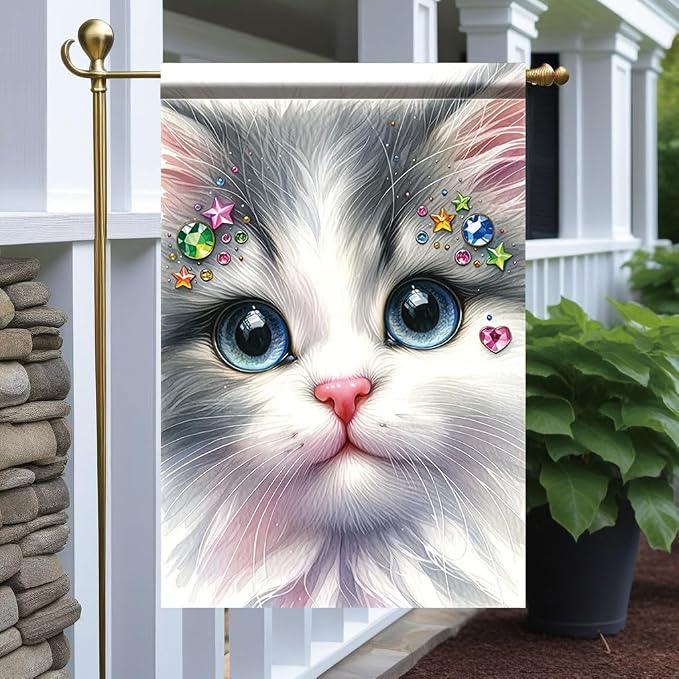 Cute Kitty Garden Flag 12x18 Inch Bling Rhinestone Cat Face Banner Double Sided by Unknown