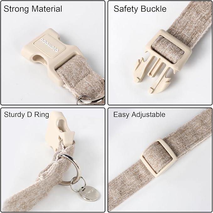 DOGWONG Cotton Hemp Dog Collar, Heavy-Duty Khaki Dog Collar Adjustable Soft - Image 3