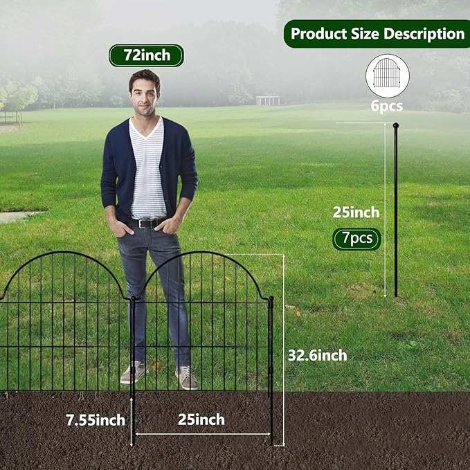 6 Panels No Dig Decorative Garden Fence, 25in x 12.2ft Animal Barrier Fencing - Image 2
