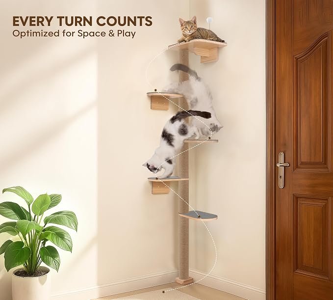 Floor to Ceiling Cat Tree for Kittens, 5-Tier Wall Mounted Cat Wall Shelves - Image 6
