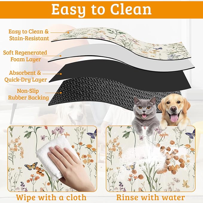 Wildflowers Butterfly Dog Cat Food Mat, Plants Absorbent Waterproof Placemat - Image 5